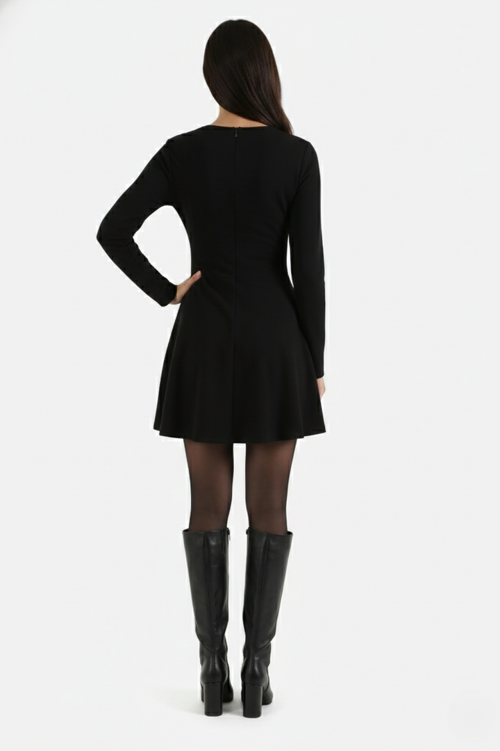 Knitted Long Sleeve Skater Dress - Fit and Flare A-Line Mini - Siopie