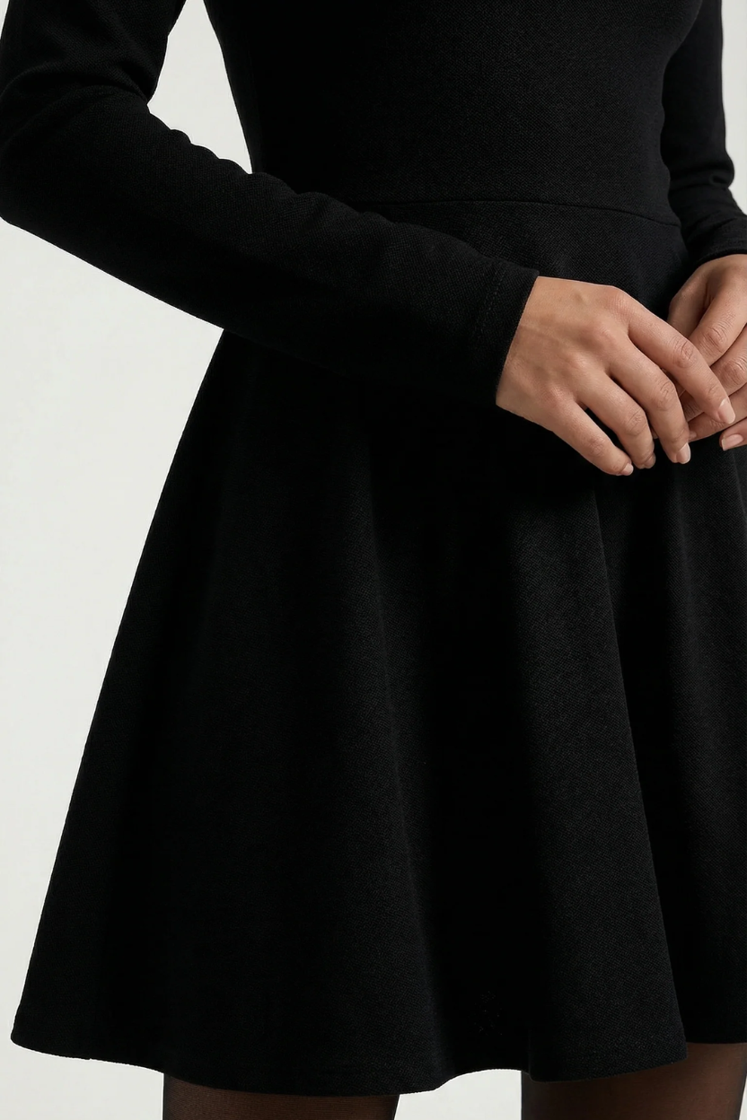 Knitted Long Sleeve Skater Dress - Fit and Flare A-Line Mini - Siopie