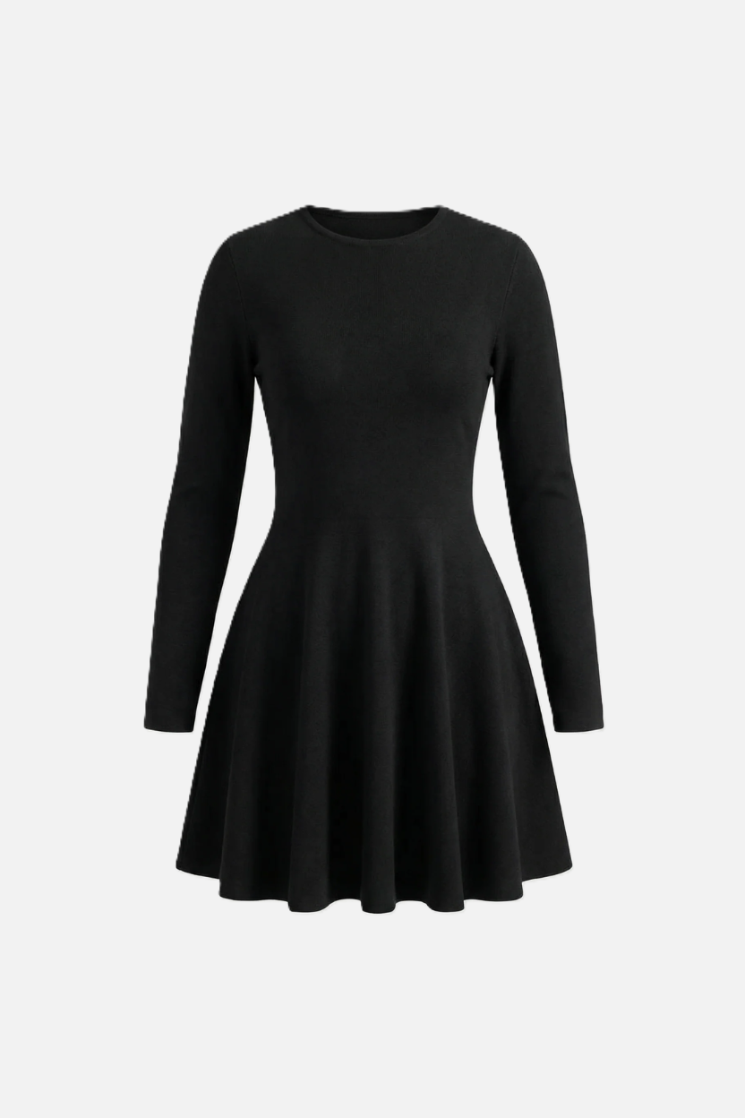 Knitted Long Sleeve Skater Dress - Fit and Flare A-Line Mini - Siopie