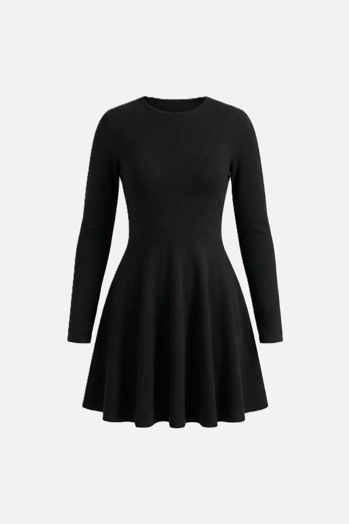 Knitted Long Sleeve Skater Dress - Fit and Flare A-Line Mini - Siopie