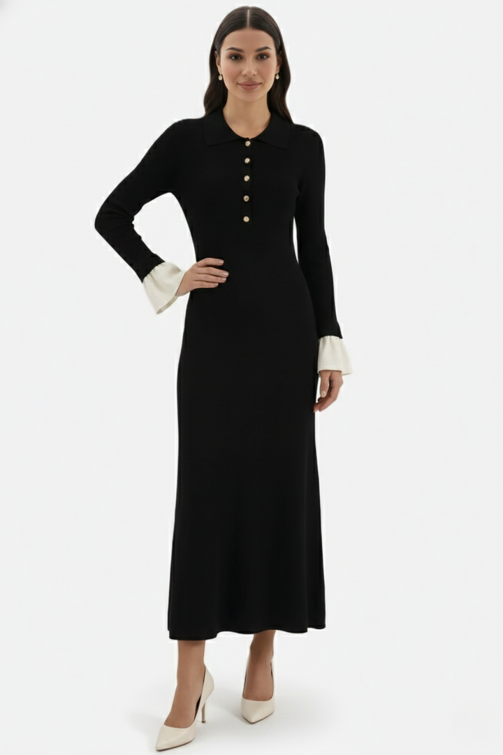 Ribbed Knit Polo Neck Maxi Dress Long Sleeve Pleated Cuffs Button Front - Siopie