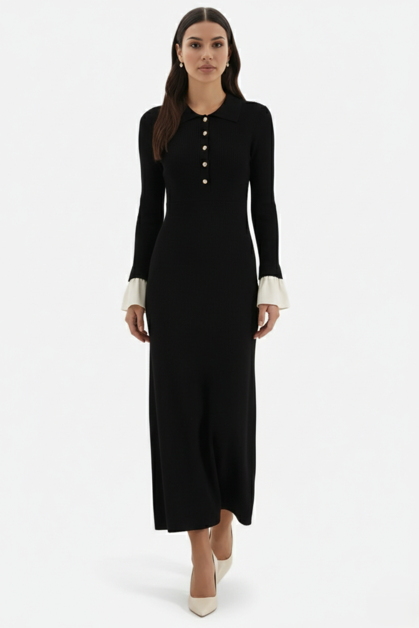 Ribbed Knit Polo Neck Maxi Dress Long Sleeve Pleated Cuffs Button Front - Siopie