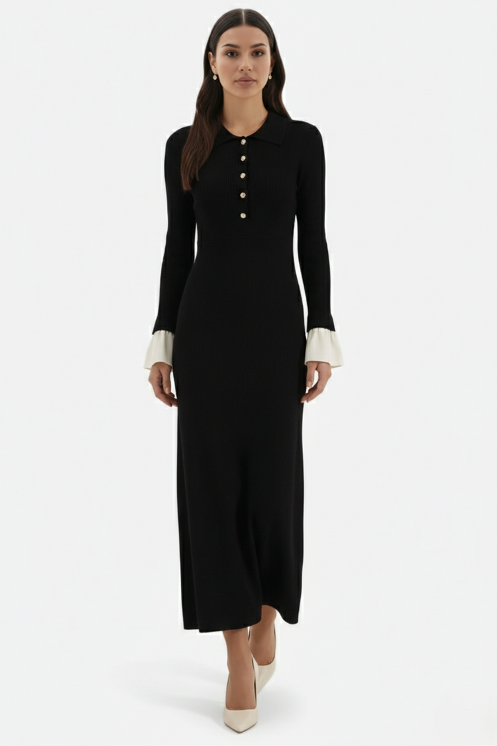Ribbed Knit Polo Neck Maxi Dress Long Sleeve Pleated Cuffs Button Front - Siopie