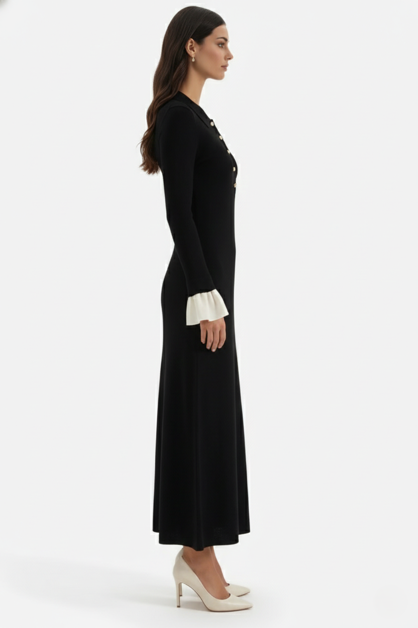 Ribbed Knit Polo Neck Maxi Dress Long Sleeve Pleated Cuffs Button Front - Siopie