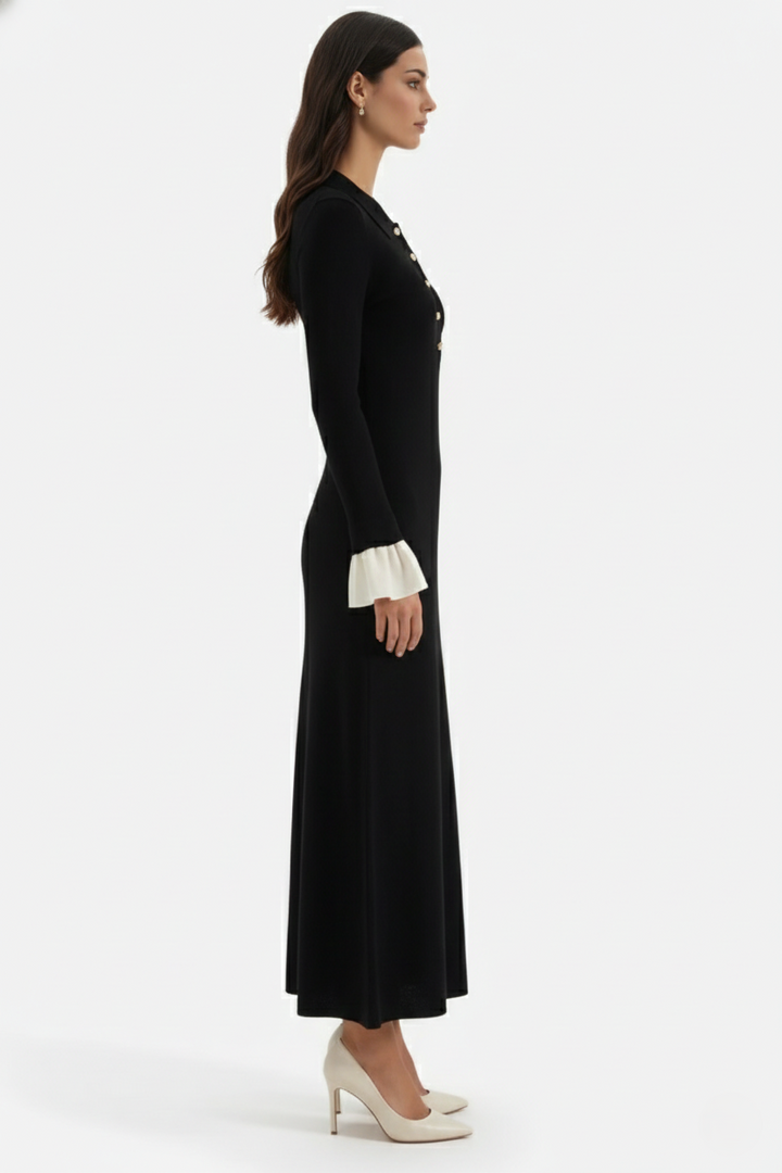 Ribbed Knit Polo Neck Maxi Dress Long Sleeve Pleated Cuffs Button Front - Siopie