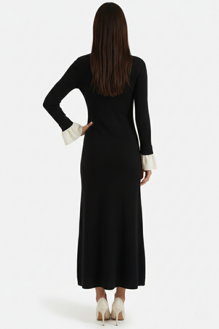 Ribbed Knit Polo Neck Maxi Dress Long Sleeve Pleated Cuffs Button Front - Siopie