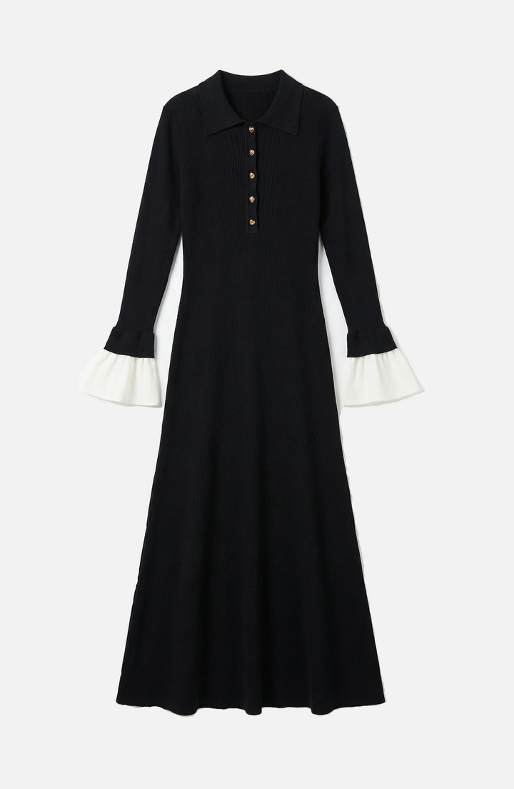 Ribbed Knit Polo Neck Maxi Dress Long Sleeve Pleated Cuffs Button Front - Siopie