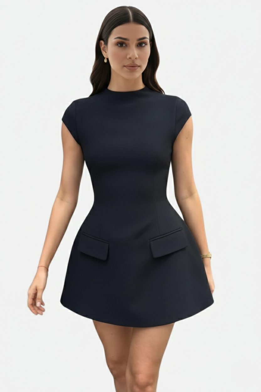Mock Neck Fit Flare Mini Dress with Cap Sleeves and Flap Pockets - Siopie
