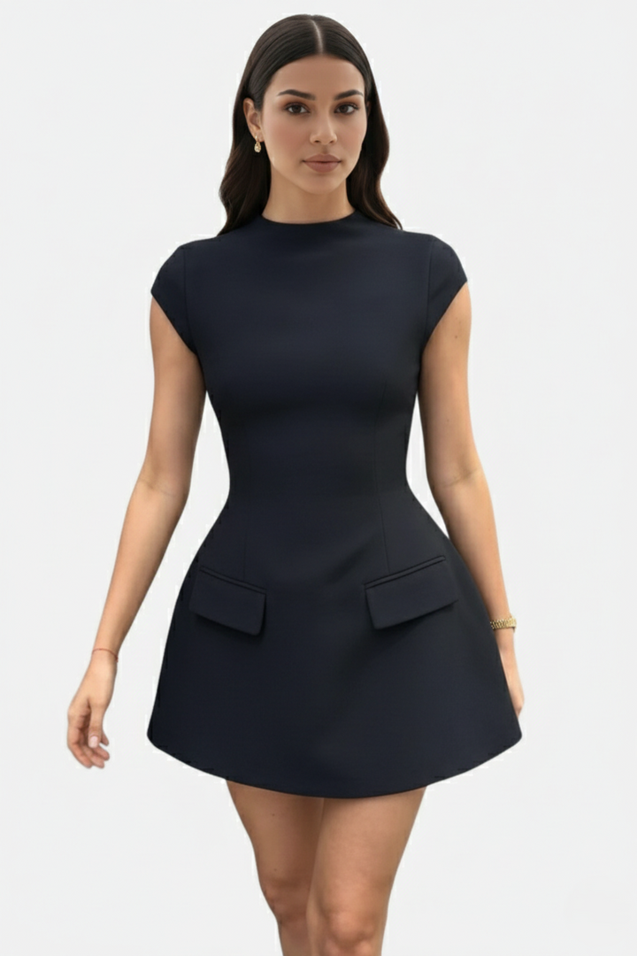 Mock Neck Fit Flare Mini Dress with Cap Sleeves and Flap Pockets - Siopie