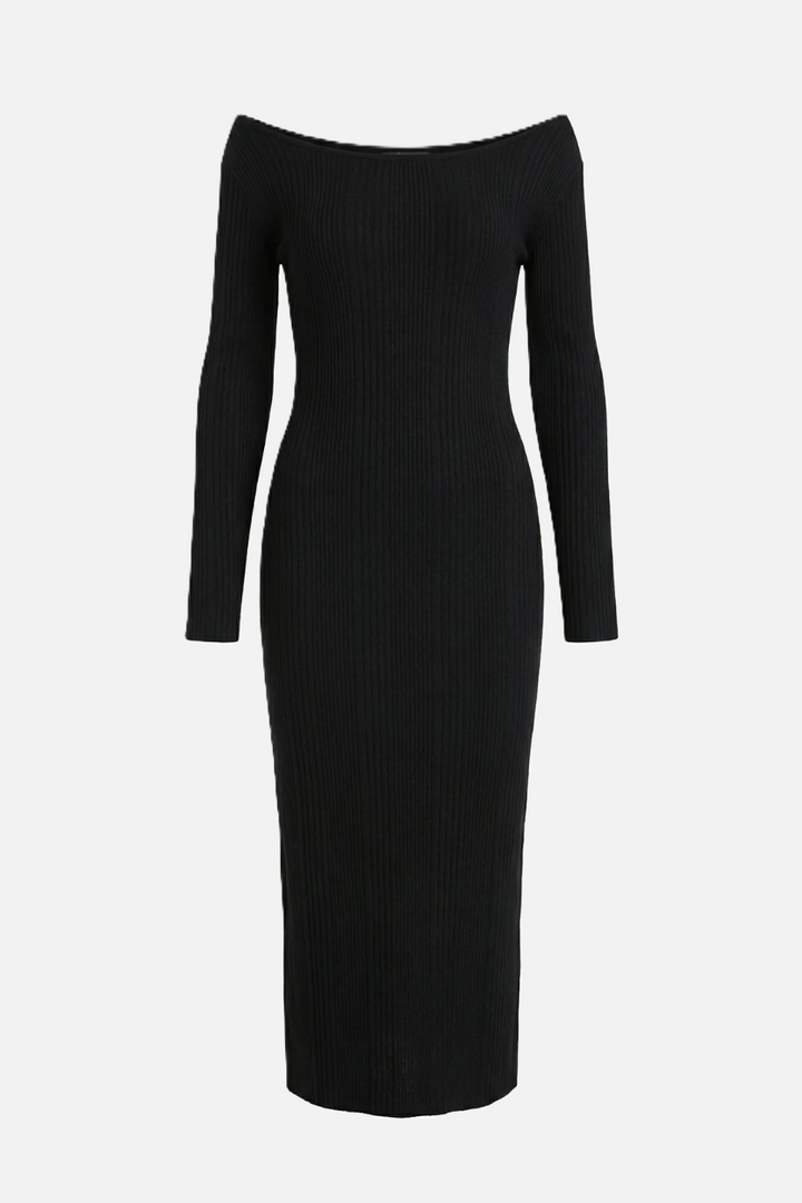 Off Shoulder Maxi Dress Slim Fit Long Sleeve Ribbed Knit - Siopie