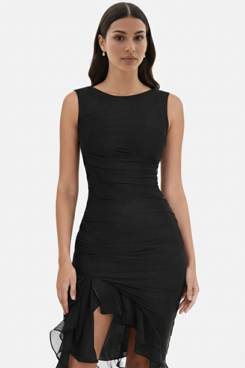 Ruched Sleeveless Bodycon Midi Dress Ruffle Side Slit - Siopie