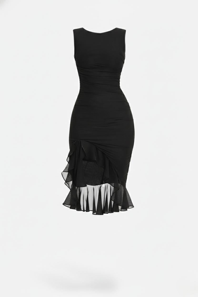 Ruched Sleeveless Bodycon Midi Dress Ruffle Side Slit - Siopie
