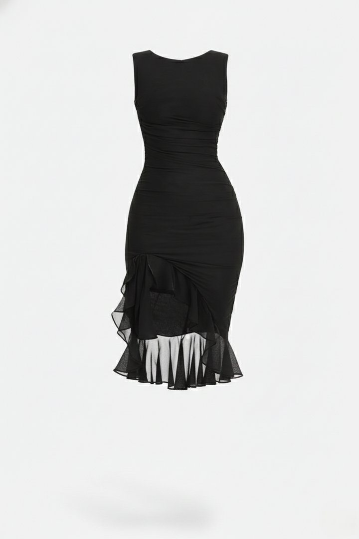 Ruched Sleeveless Bodycon Midi Dress Ruffle Side Slit - Siopie