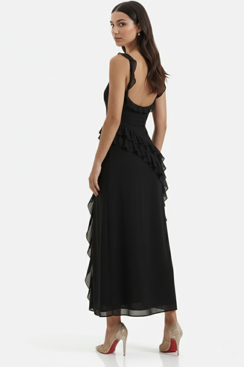 Sleeveless Ruffle Trim Maxi Dress with Front Slit - Siopie