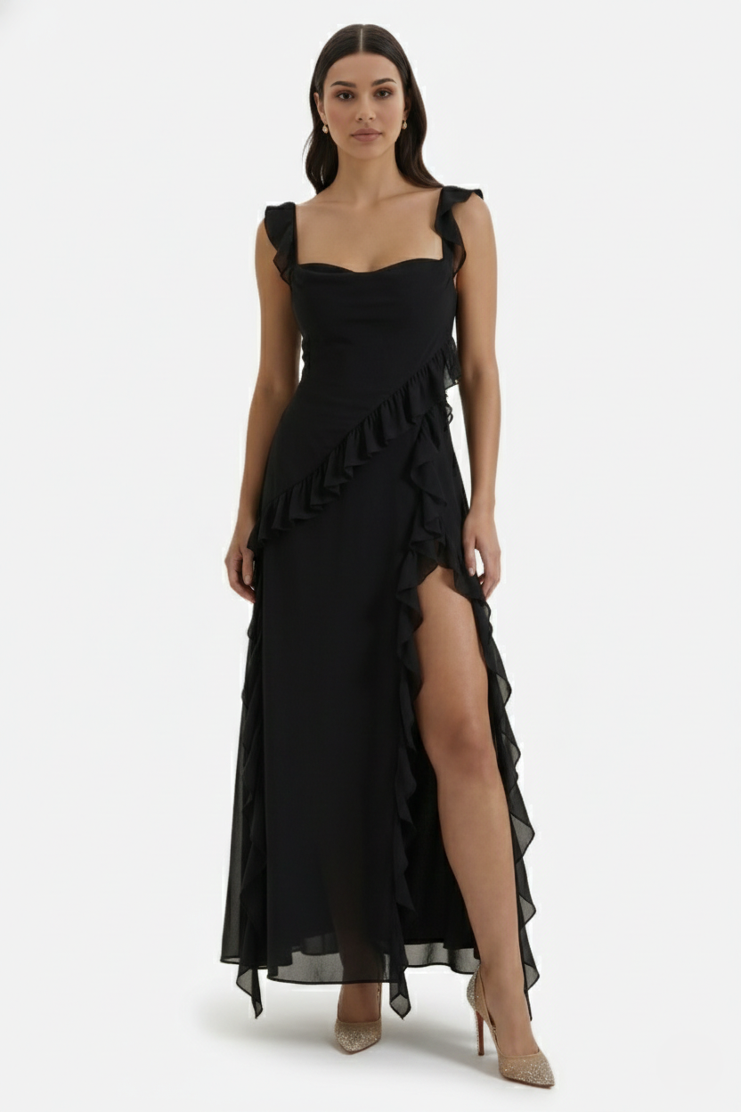 Sleeveless Ruffle Trim Maxi Dress with Front Slit - Siopie