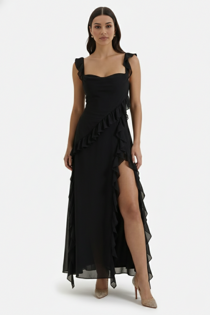 Sleeveless Ruffle Trim Maxi Dress with Front Slit - Siopie