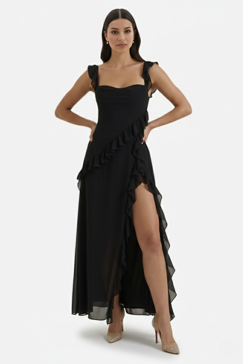 Sleeveless Ruffle Trim Maxi Dress with Front Slit - Siopie
