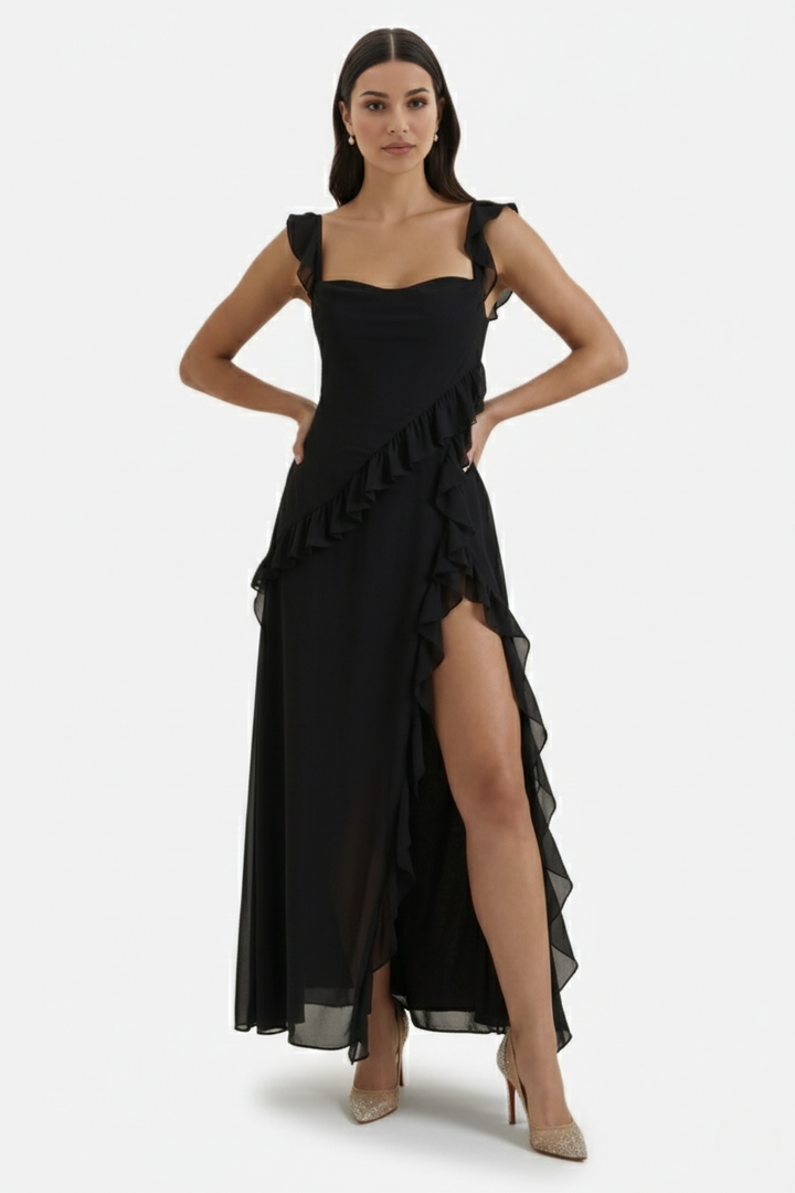 Sleeveless Ruffle Trim Maxi Dress with Front Slit - Siopie