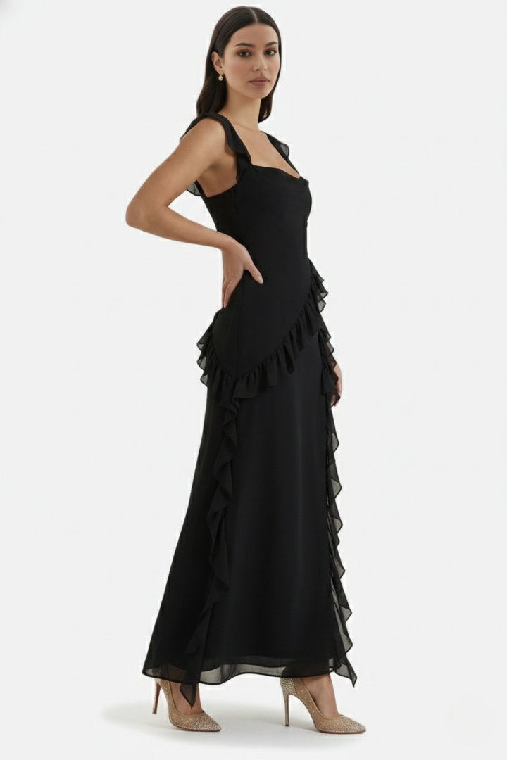 Sleeveless Ruffle Trim Maxi Dress with Front Slit - Siopie