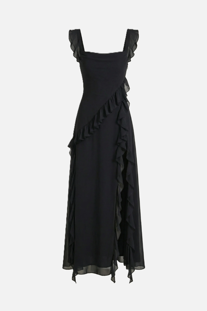 Sleeveless Ruffle Trim Maxi Dress with Front Slit - Siopie