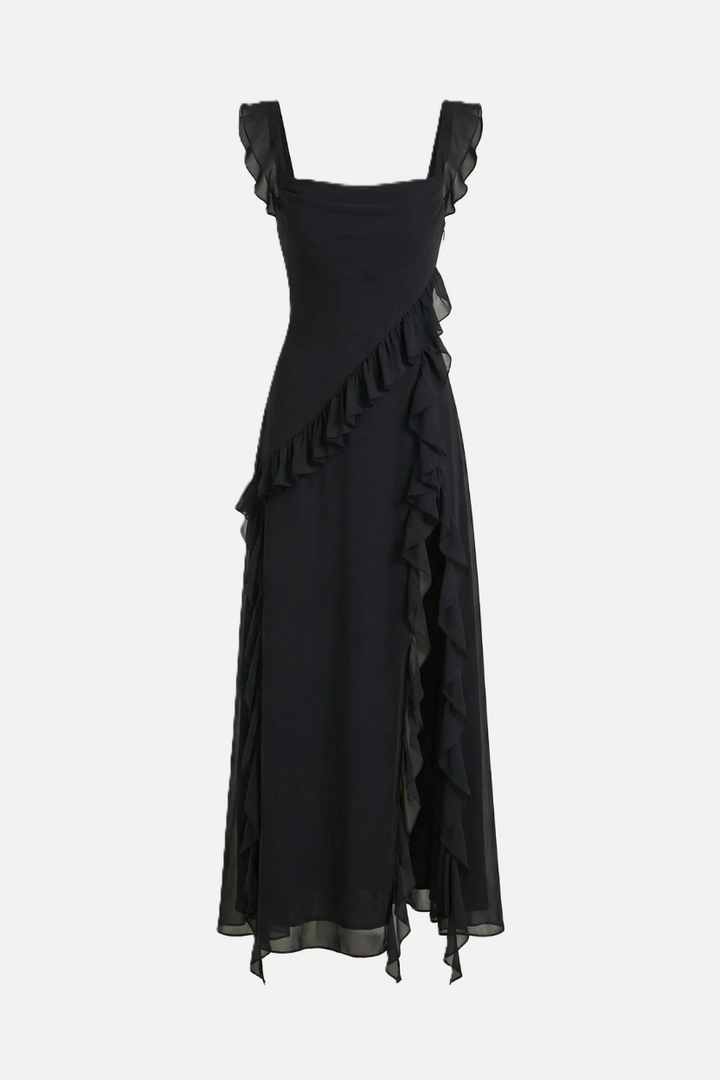 Sleeveless Ruffle Trim Maxi Dress with Front Slit - Siopie