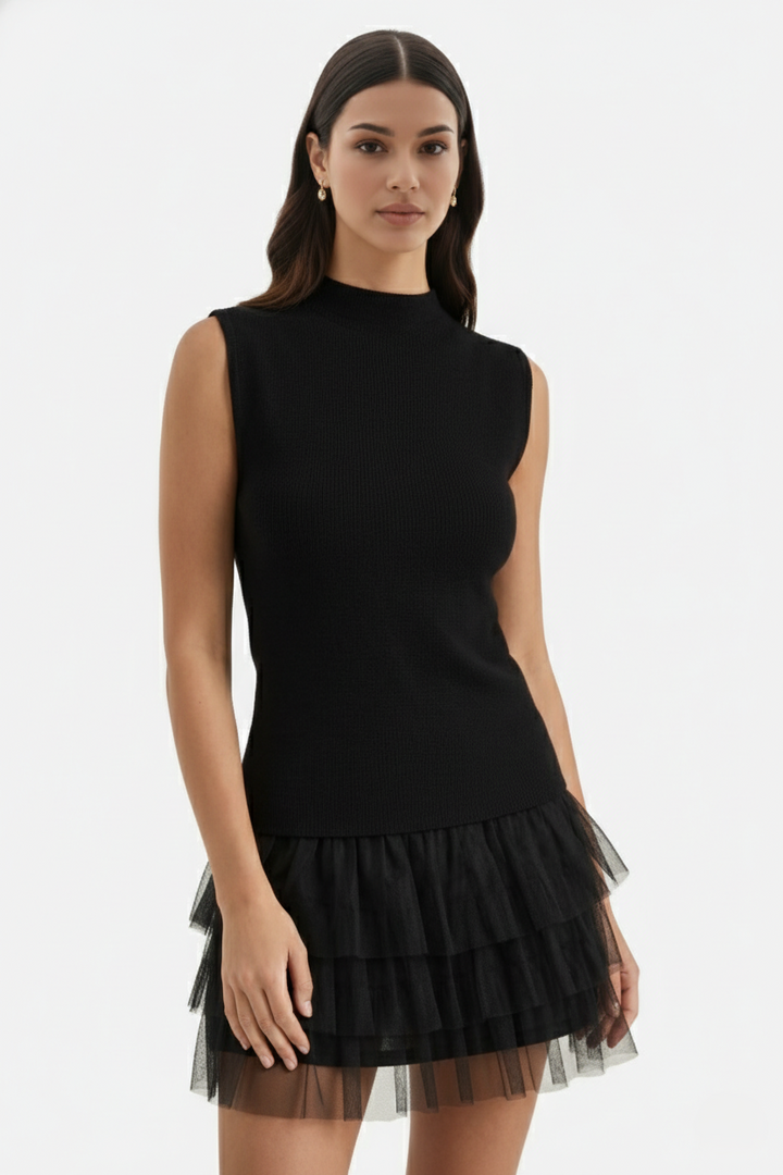 Mini Cocktail Dress Sleeveless High Neck Fitted Tiered Tulle - Siopie