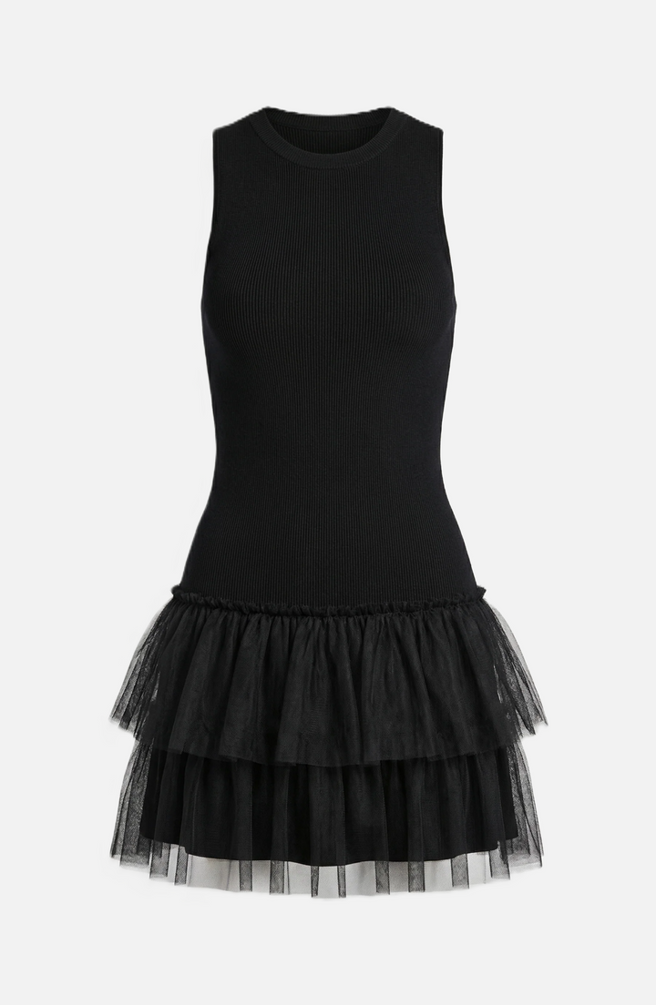Mini Cocktail Dress Sleeveless High Neck Fitted Tiered Tulle - Siopie