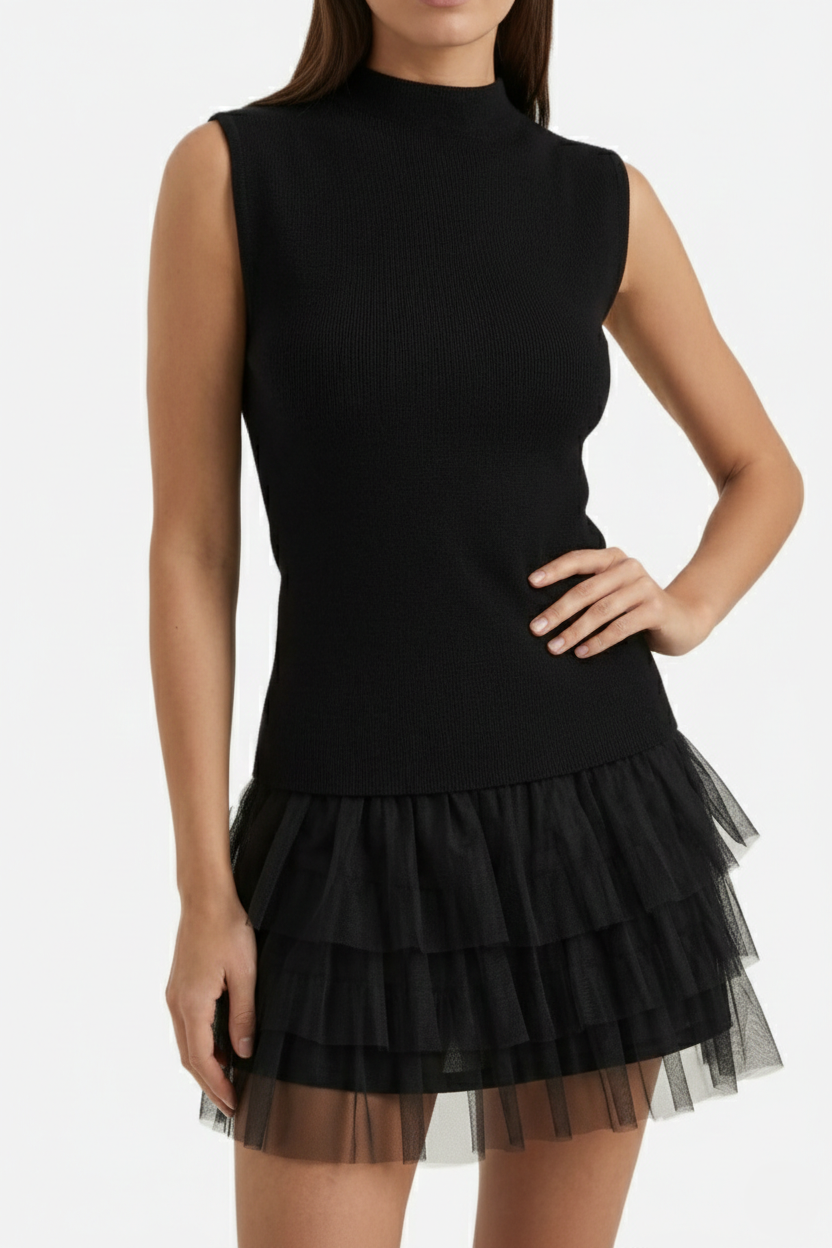 Mini Cocktail Dress Sleeveless High Neck Fitted Tiered Tulle - Siopie
