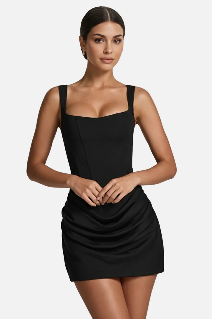 Square Neck Bodycon Mini Dress with Ruched Draped Skirt - Siopie