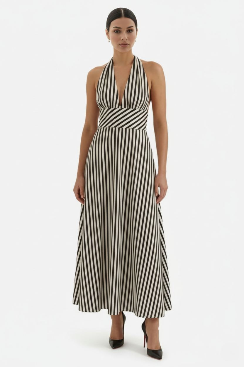 Striped Halter Neck Maxi Dress with Open Back - Siopie