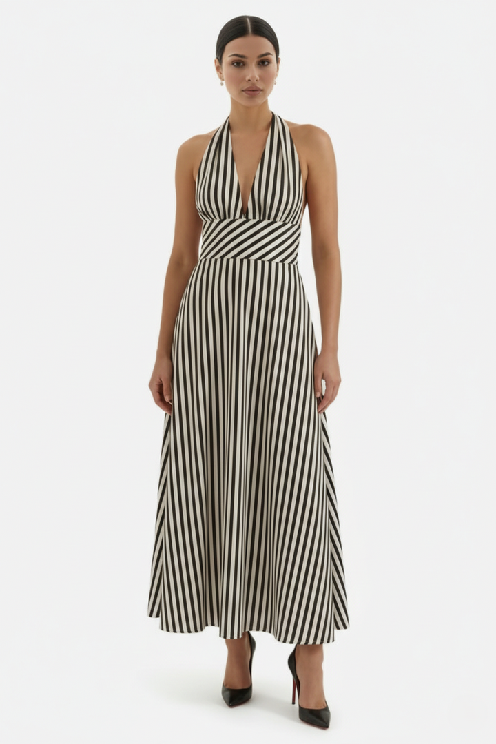 Striped Halter Neck Maxi Dress with Open Back - Siopie