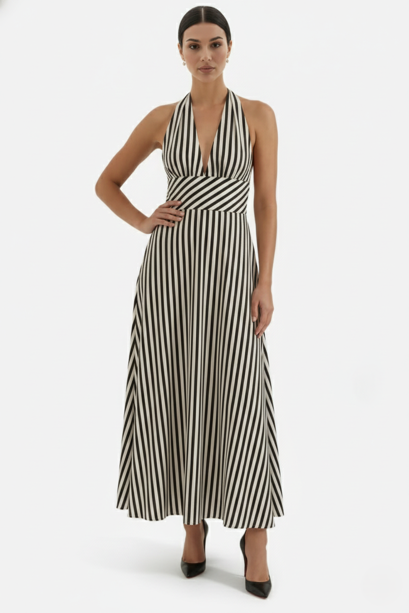 Striped Halter Neck Maxi Dress with Open Back - Siopie