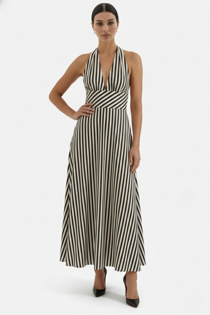Striped Halter Neck Maxi Dress with Open Back - Siopie