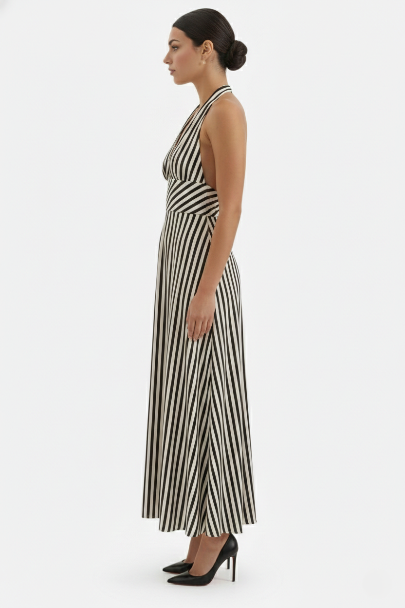Striped Halter Neck Maxi Dress with Open Back - Siopie