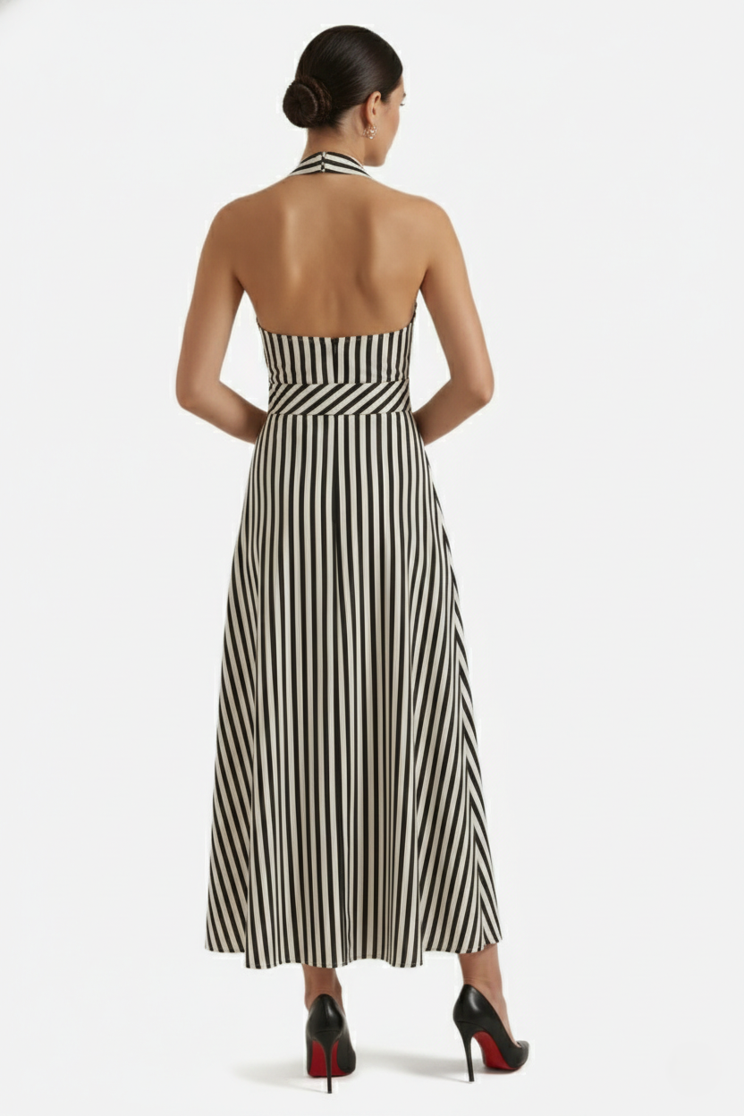 Striped Halter Neck Maxi Dress with Open Back - Siopie