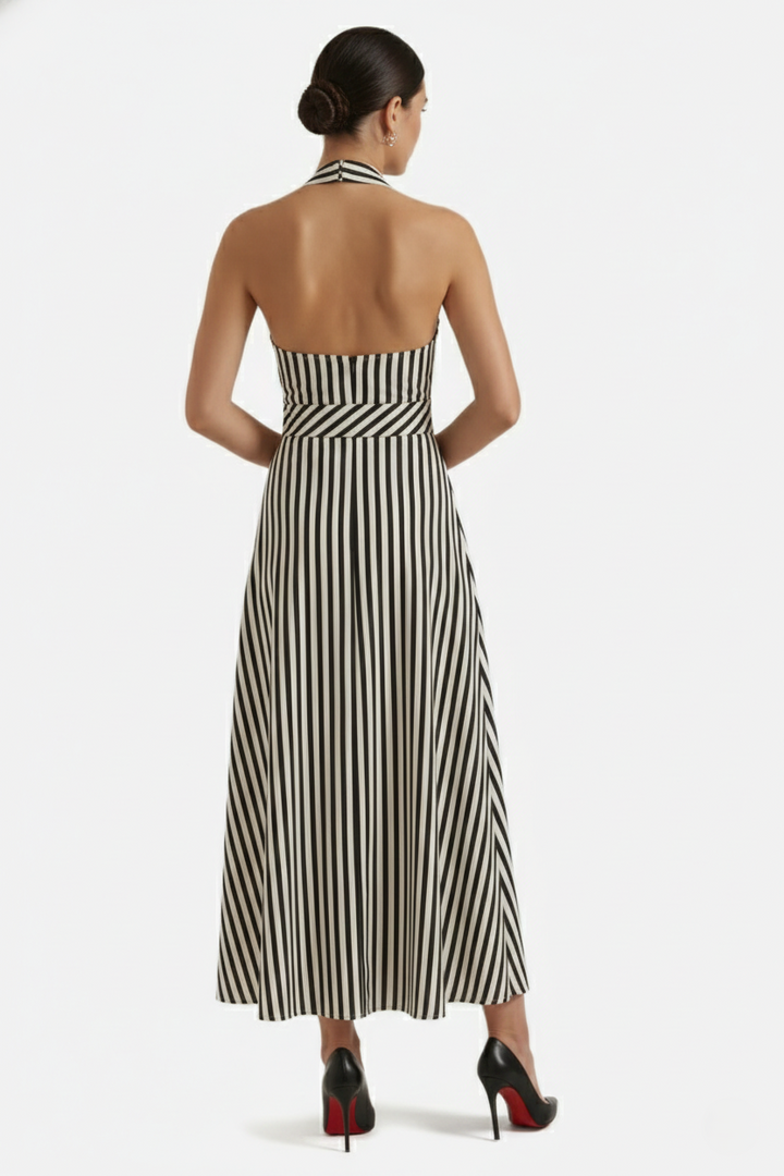 Striped Halter Neck Maxi Dress with Open Back - Siopie