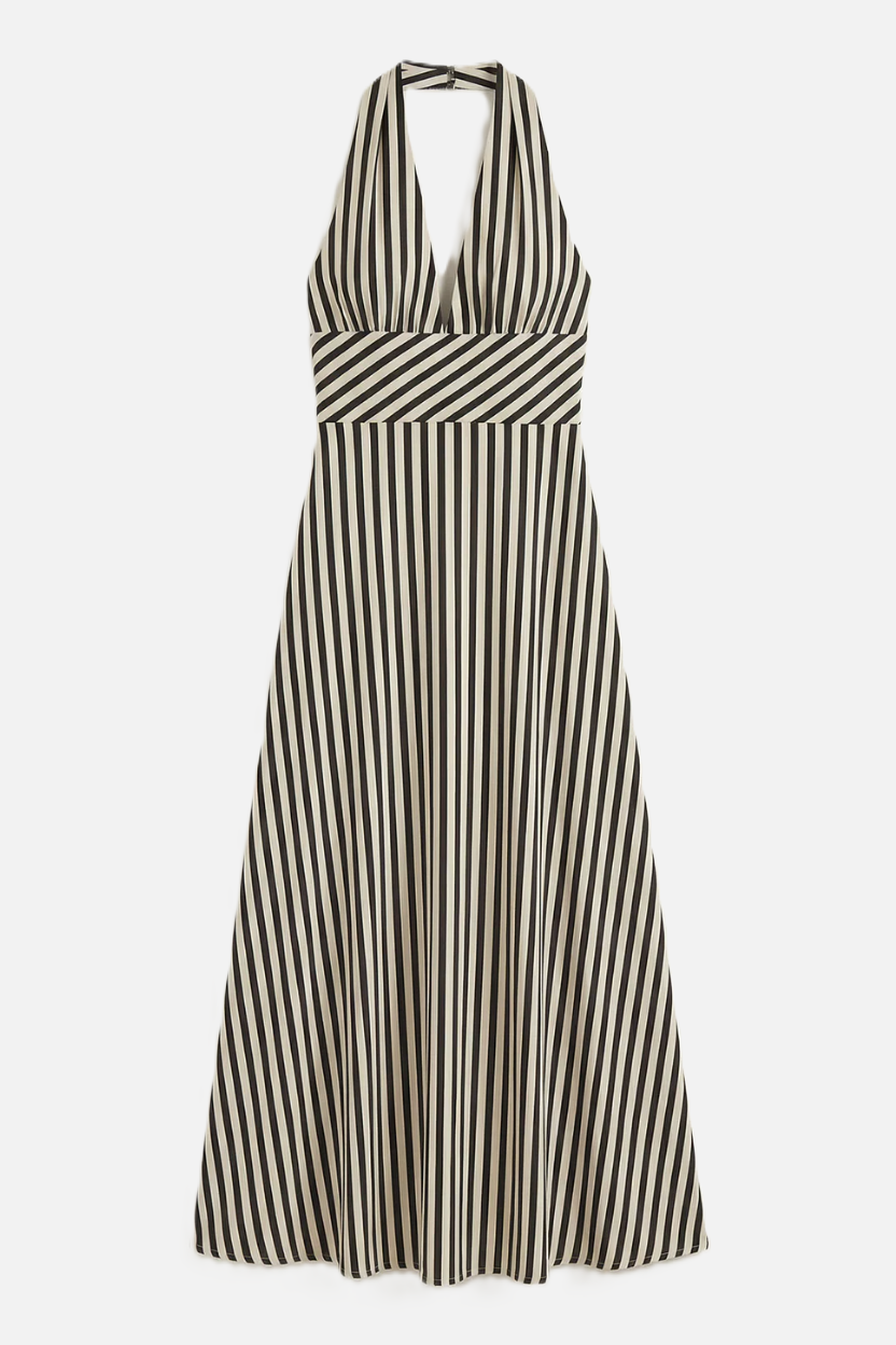Striped Halter Neck Maxi Dress with Open Back - Siopie