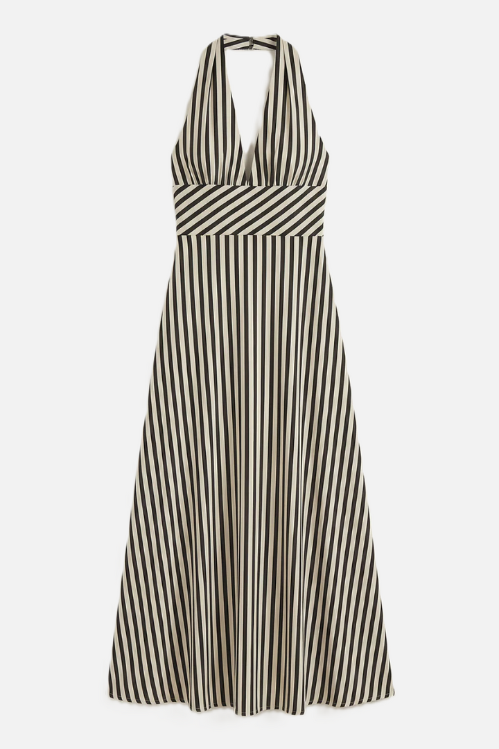 Striped Halter Neck Maxi Dress with Open Back - Siopie