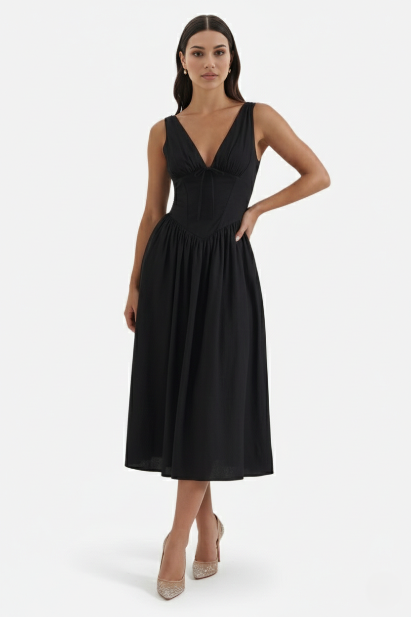 Summer Dress V Neck Fit and Flare Corset Waist - Siopie