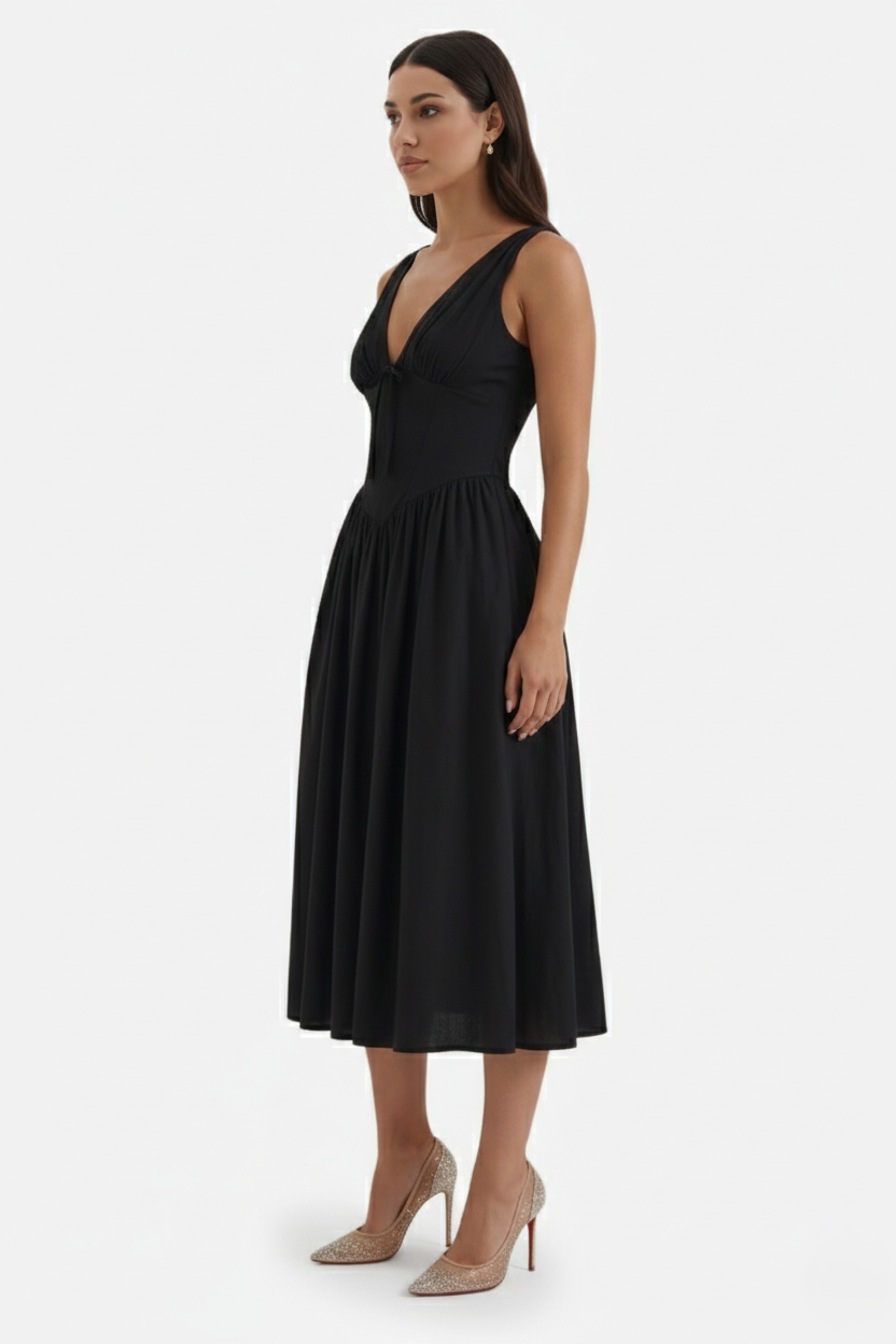 Summer Dress V Neck Fit and Flare Corset Waist - Siopie