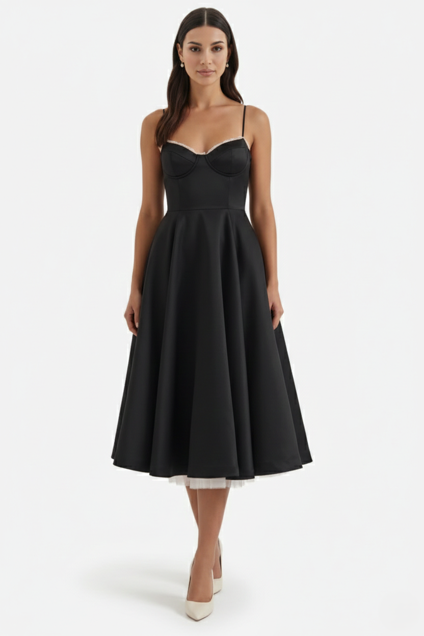 Sweetheart Bustier Midi Dress with Full Circle Skirt and Tulle Hem - Siopie