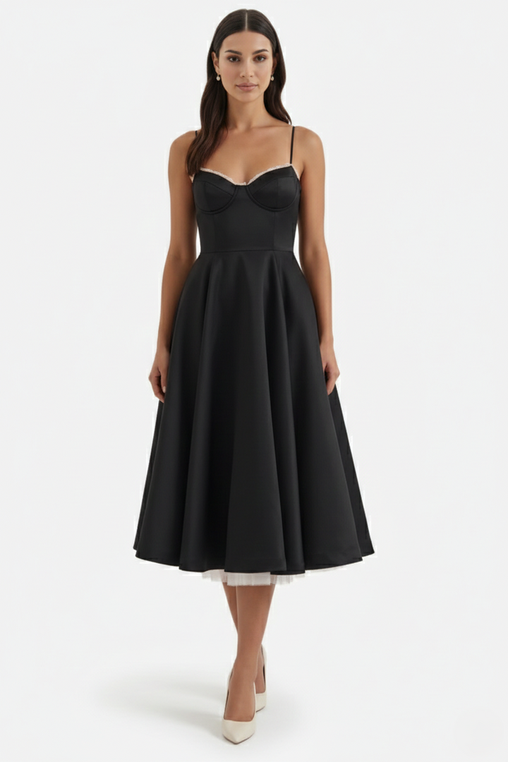 Sweetheart Bustier Midi Dress with Full Circle Skirt and Tulle Hem - Siopie