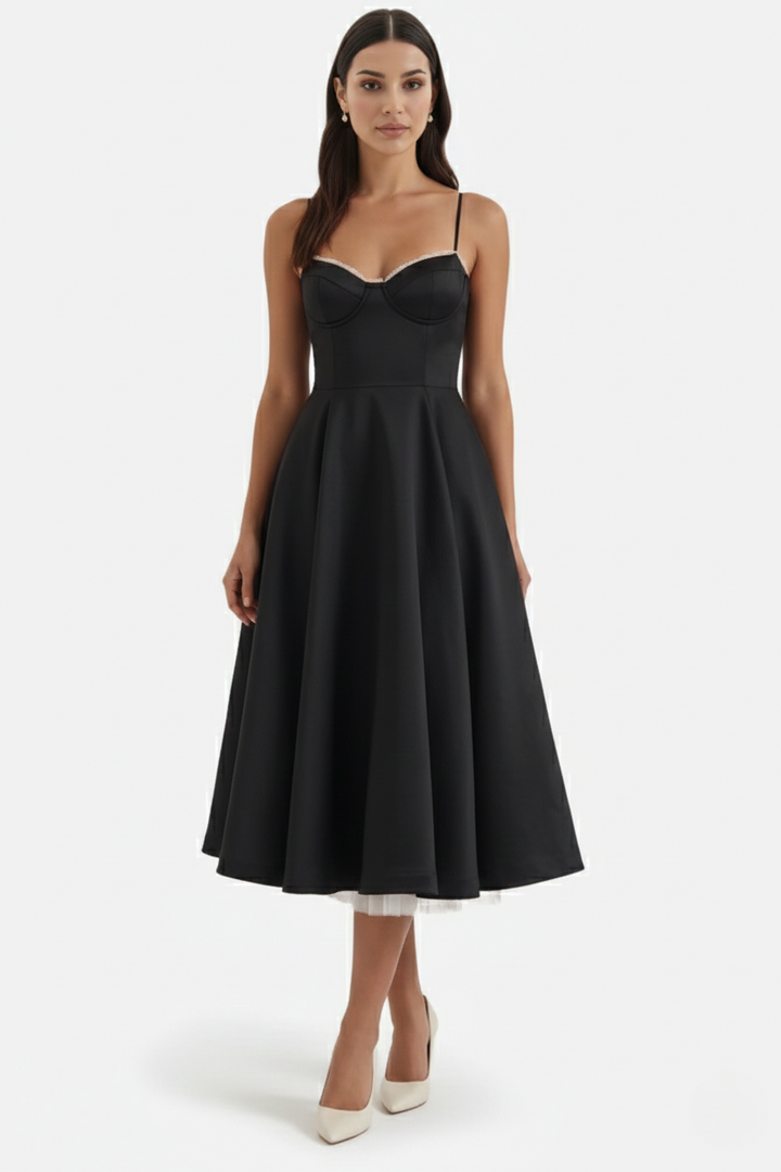 Sweetheart Bustier Midi Dress with Full Circle Skirt and Tulle Hem - Siopie
