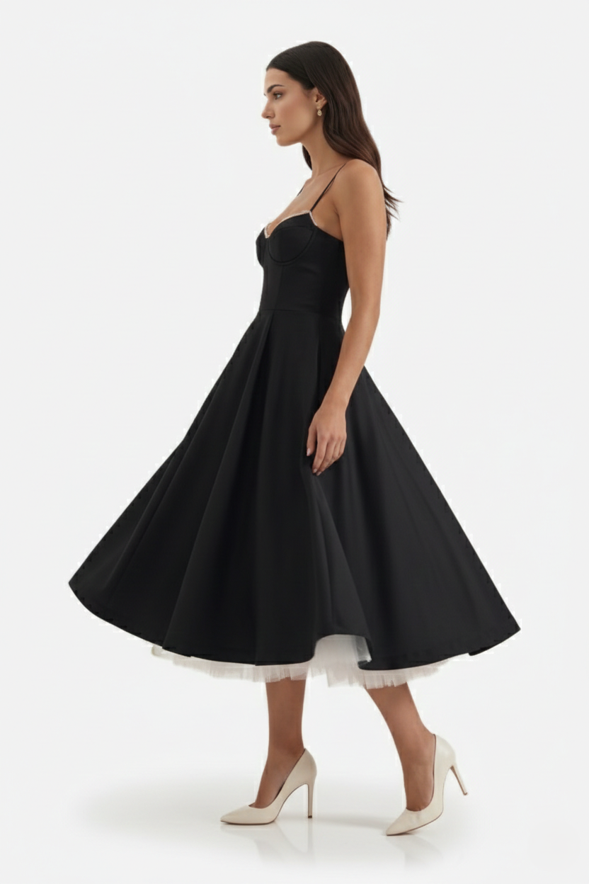 Sweetheart Bustier Midi Dress with Full Circle Skirt and Tulle Hem - Siopie