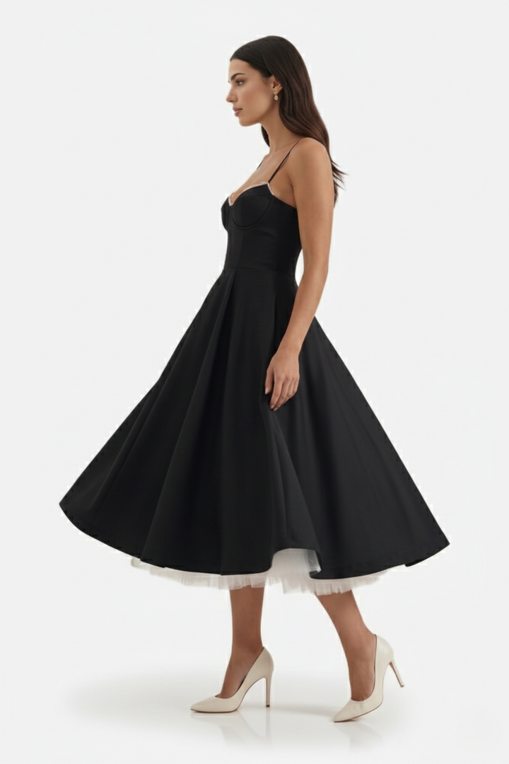 Sweetheart Bustier Midi Dress with Full Circle Skirt and Tulle Hem - Siopie