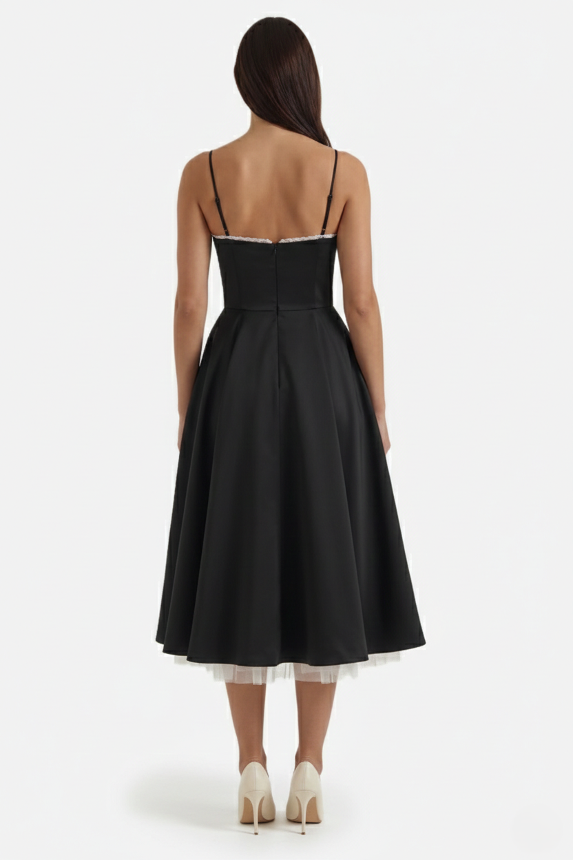 Sweetheart Bustier Midi Dress with Full Circle Skirt and Tulle Hem - Siopie