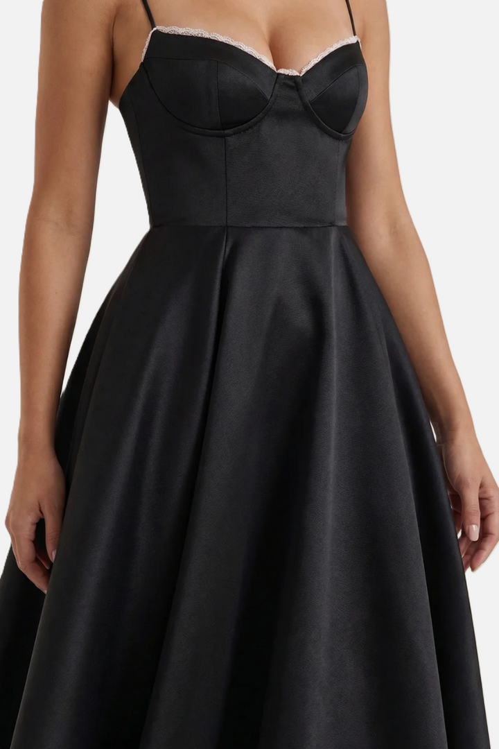 Sweetheart Bustier Midi Dress with Full Circle Skirt and Tulle Hem - Siopie
