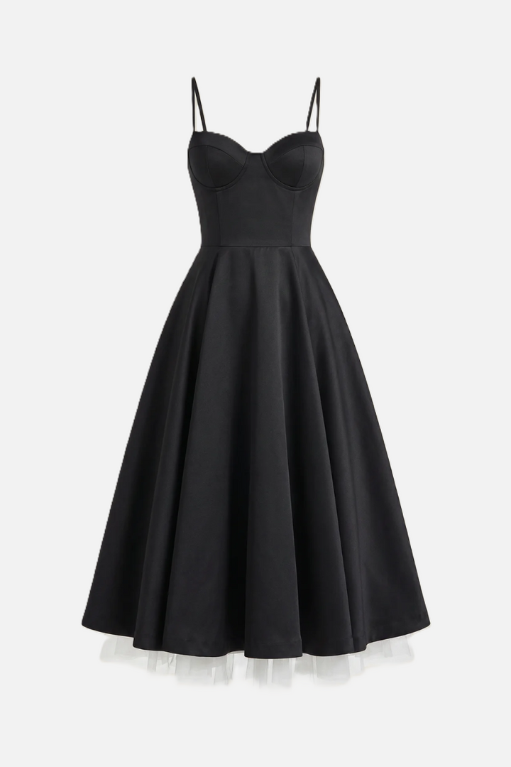 Sweetheart Bustier Midi Dress with Full Circle Skirt and Tulle Hem - Siopie
