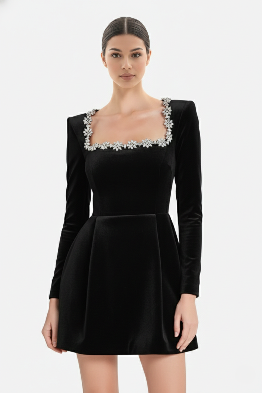 Cocktail Dress Velvet Floral Crystal Embellished Trim Long Sleeve - Siopie