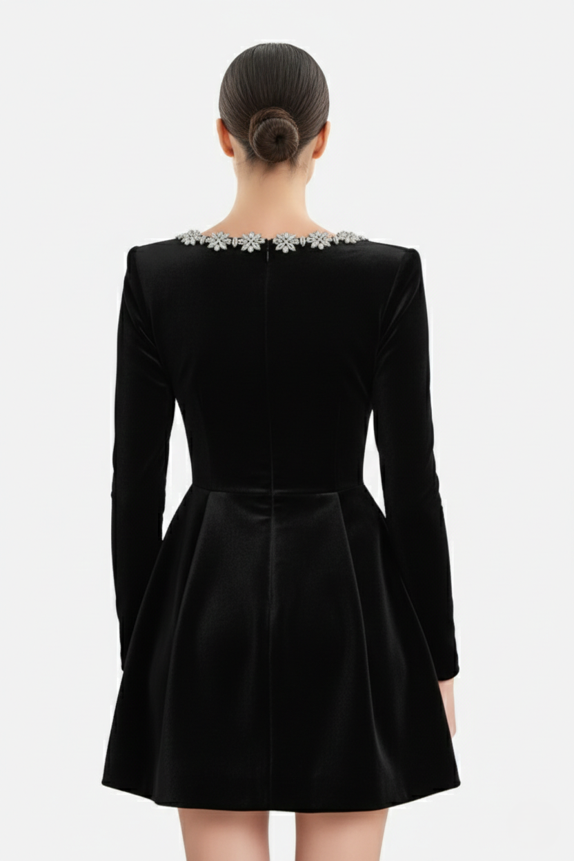 Cocktail Dress Velvet Floral Crystal Embellished Trim Long Sleeve - Siopie